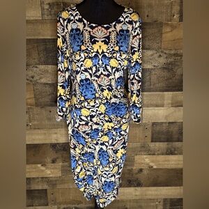 INC Women's Blue Yellow Floral Dress Large L AB 530